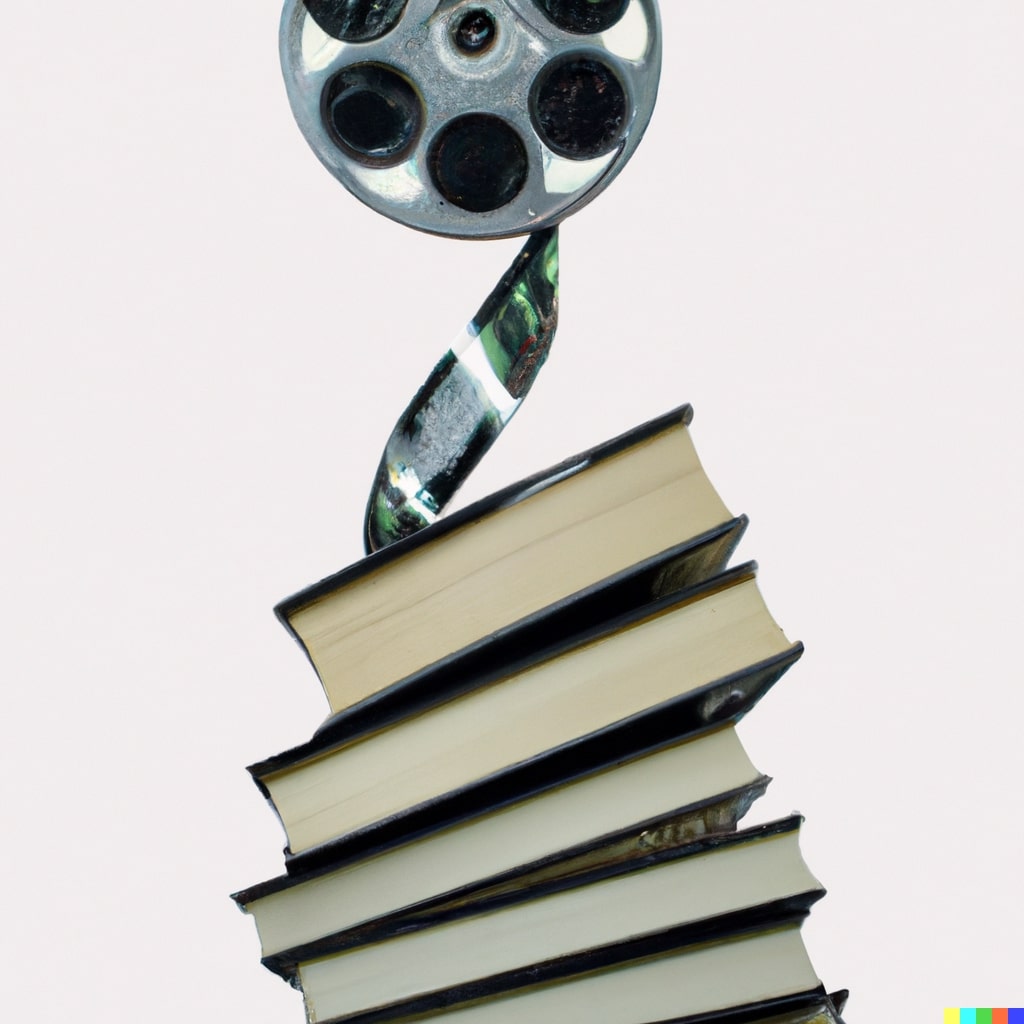 Un rollo de película de video se transforma en una montaña de libros